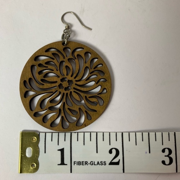Handmade Round Wooden Intricately Carved BoHo Floral Earrings Silver Wire - Picture 2 of 7